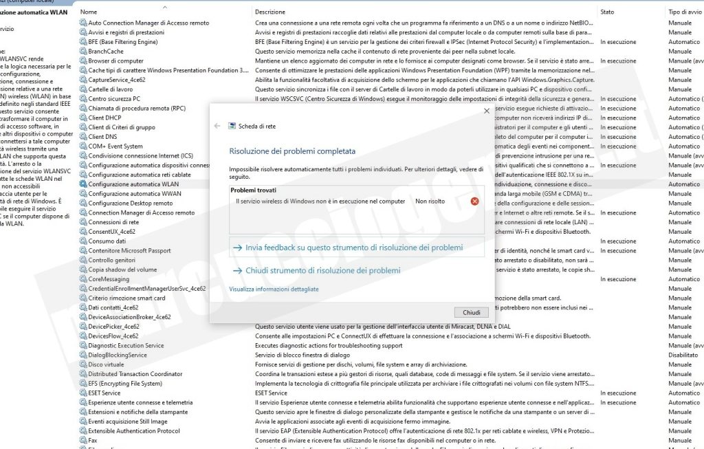 Il servizio wireless di Windows non è in esecuzione nel computer. Il WIFI non funziona. Wlan Autoconfig service missing. The Windows wireless service is not running on this computer. Windows could not start the WLAN AutoConfig service on Local Computer. Impossibile avviare il servizio WLAN AUTOCONFIG. Unable to start the WLAN service: error 1068.