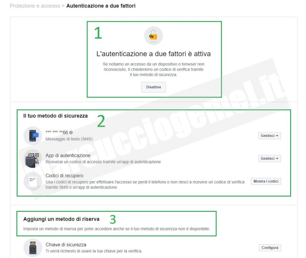 Come attivare l'autenticazione a due fattori su Facebook. Metodi di sicurezza. Messaggi SMS. App di autenticazione. Codici di recupero.