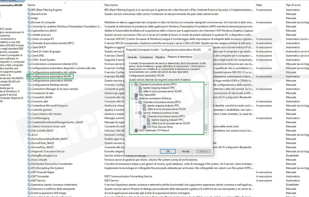 Relazioni di dipendenza corrette per il servizio wireless di Windows (WLAN AutoConfig). Windows could not start Error 1068: The dependency or group failed to start the WLAN Auto Config serviceon the local computer.