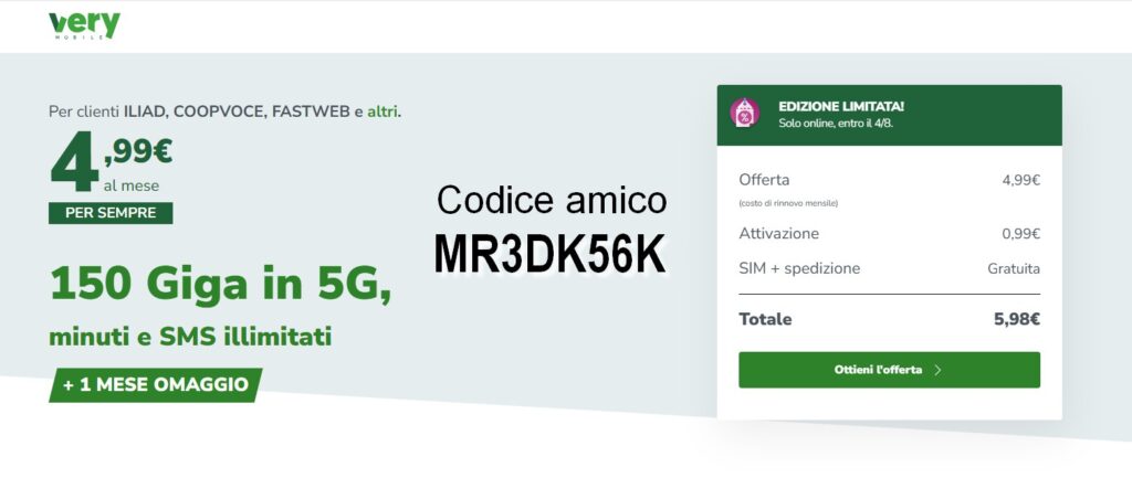 Very Mobile codice amico ricarica gratis 10 euro. Very mobile codice amico fino a 100€ di ricarica omaggio e tariffa promozionale per la navigazione a 4,99 euro al mese per sempre, 150 GB, chiamate ed SMS illimitati.