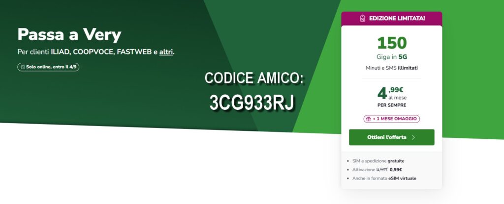 Very Mobile codice amico ricarica gratis 10 euro. Very mobile codice amico fino a 100€ di ricarica omaggio e tariffa promozionale per la navigazione a 4,99 euro al mese per sempre, 150 GB, chiamate ed SMS illimitati.