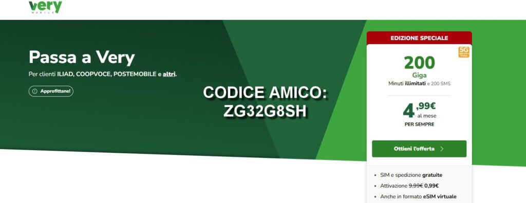 Very Mobile codice amico ricarica gratis 10 euro. Very mobile codice amico fino a 100€ di ricarica omaggio e tariffa promozionale per la navigazione a 4,99 euro al mese per sempre, 150 GB, chiamate ed SMS illimitati.