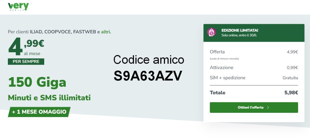 Very Mobile codice amico ricarica gratis 15 euroVery mobile codice amico fino a 150€ di ricarica omaggio e tariffa promozionale per la navigazione a 4,99 euro al mese per sempre, 150 GB, chiamate ed SMS illimitati.