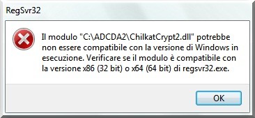RegSvr32: "Il modulo C:\ADCDA2\ChilkatCrypt2.dll potrebbe non essere compatibile con la versione di Windows in esecuzione.